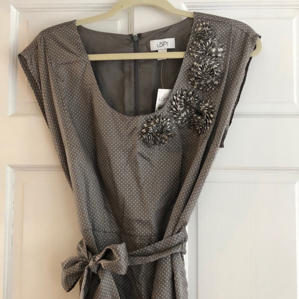 LOFT Grey polka dot dress with floral appliqué